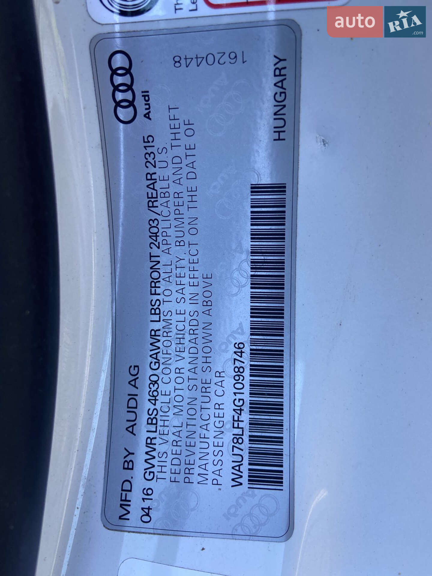 Audi A3 2016 VIN WAU78LFF4G1098746 фото оголошення 6 з 20