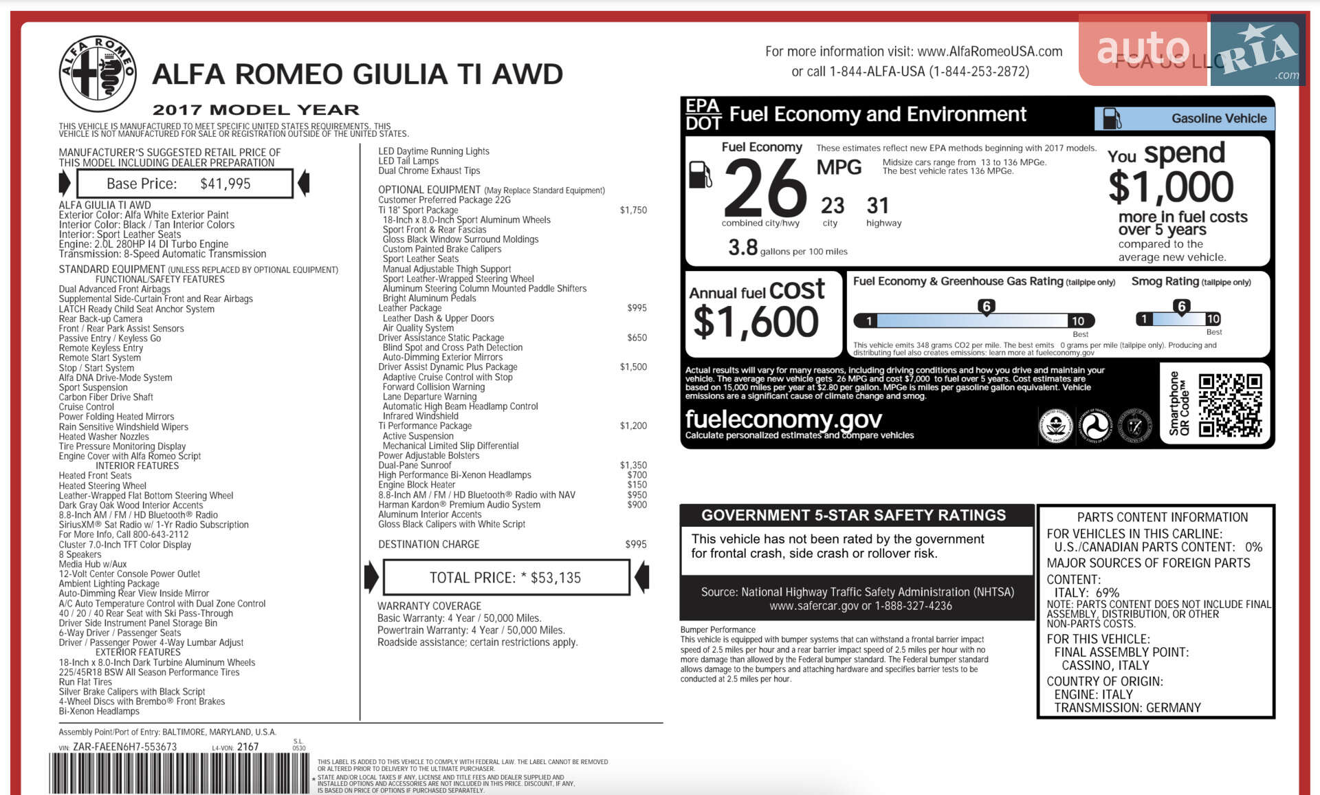 Alfa Romeo Giulia 2017 VIN ZARFAEEN6H7553673 фото оголошення 22 з 23