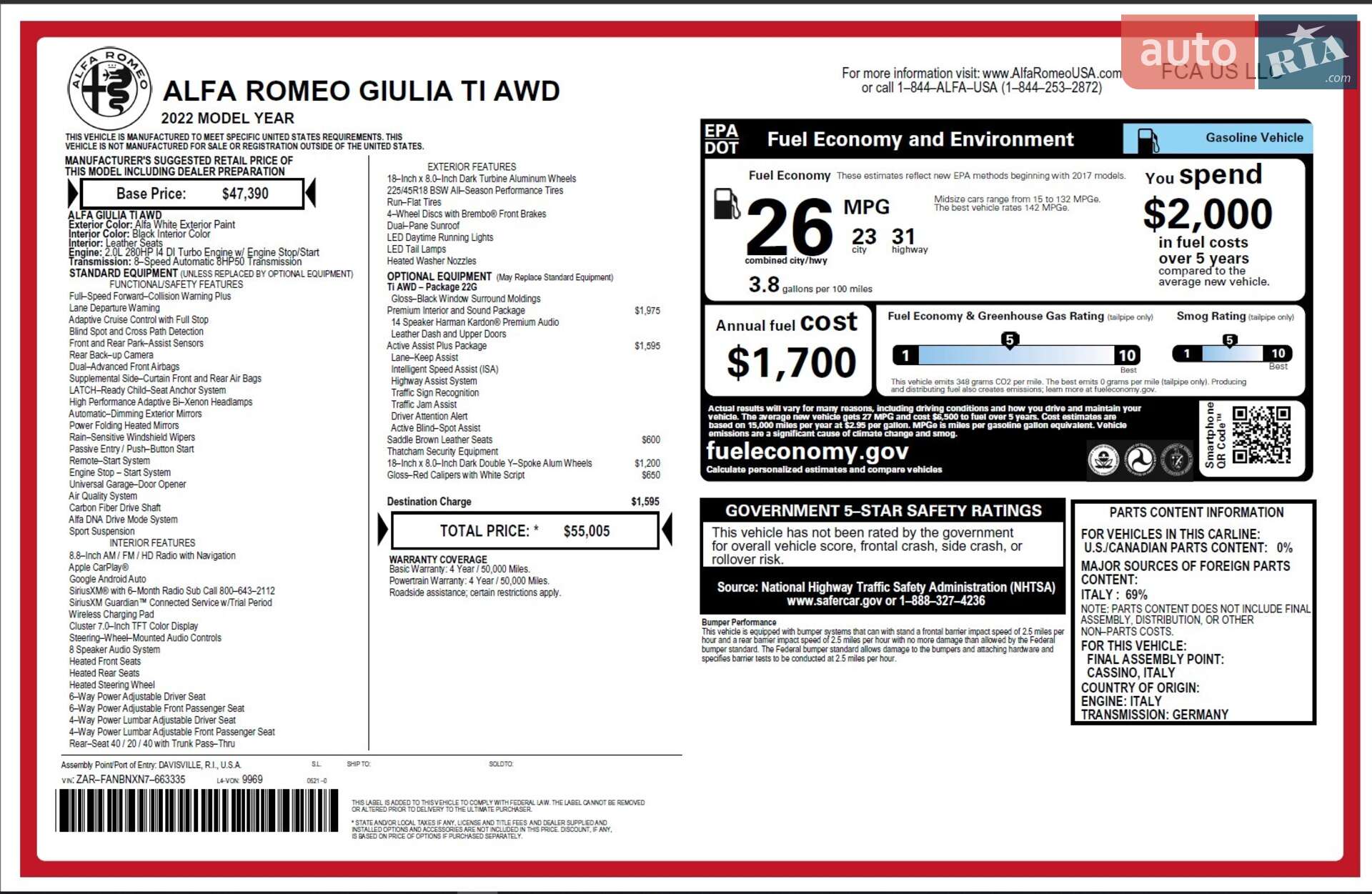 Alfa Romeo Giulia 2022 VIN ZARFANBNXN7663335 фото оголошення 182 з 182