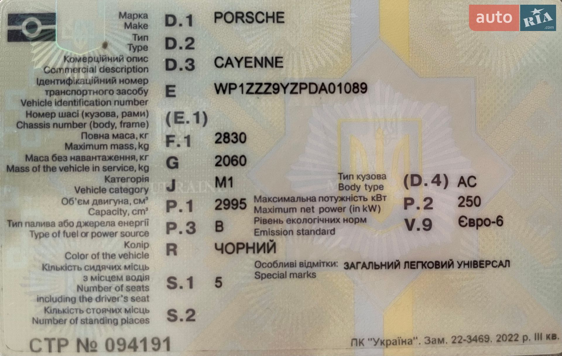 Porsche Cayenne 2022 VIN WP1ZZZ9YZPDA01089 фото оголошення 8 з 10
