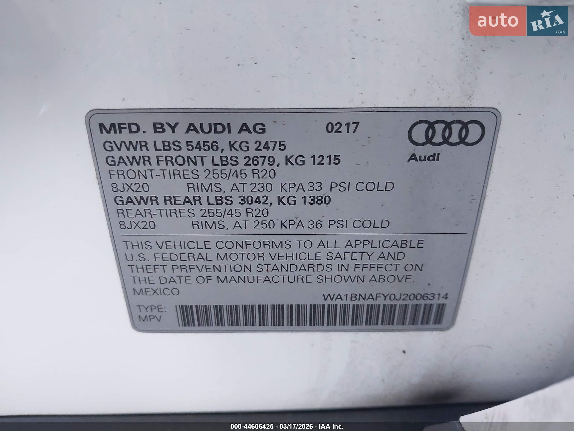 Audi Q5 2017 VIN WA1BNAFY0J2006314 фото оголошення 34 з 36