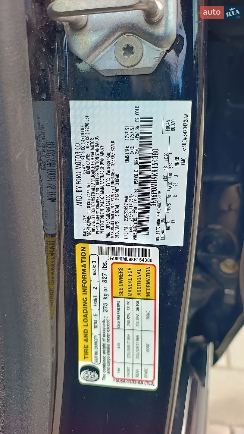 Ford Fusion 2019 VIN 3FA6P0MU9KR154380 фото оголошення 17 з 17