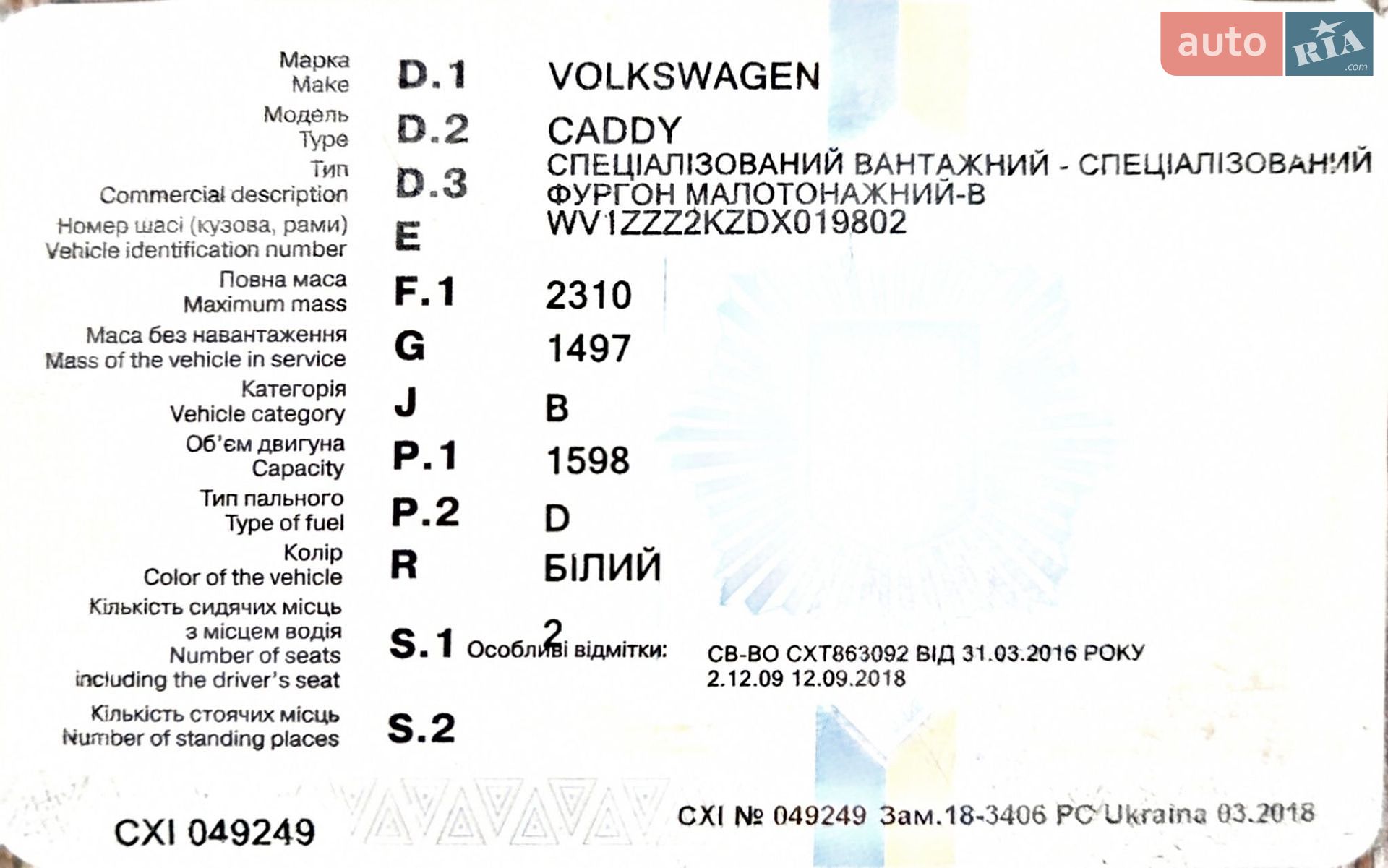 Volkswagen Caddy 2012 VIN WV1ZZZ2KZDX019802 фото оголошення 18 з 18