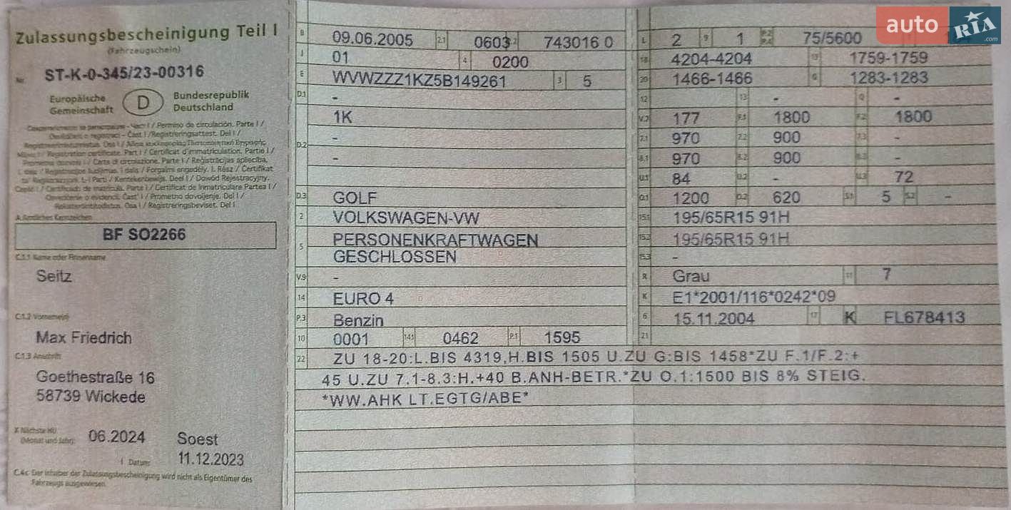 Volkswagen Golf 2005 VIN WVWZZZ1KZ5B149261 фото оголошення 11 з 16