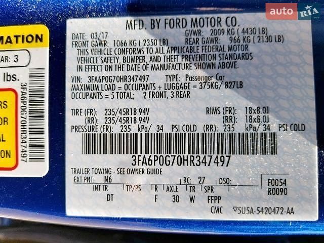 Ford Fusion 2017 VIN 3FA6P0G70HR347497 фото оголошення 2 з 35