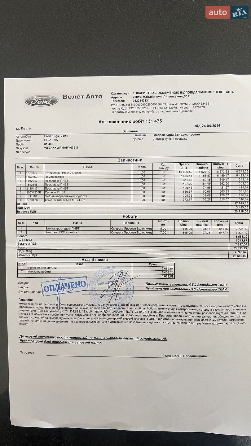 Ford Kuga 2019 VIN WF0AXXWPMAKY67911 фото оголошення 17 з 24