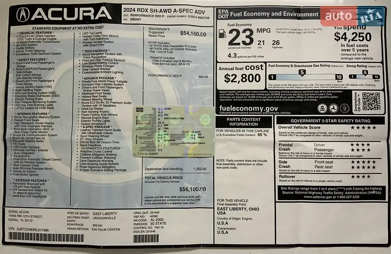 Внедорожник / Кроссовер Acura RDX 2024 в Киеве документ