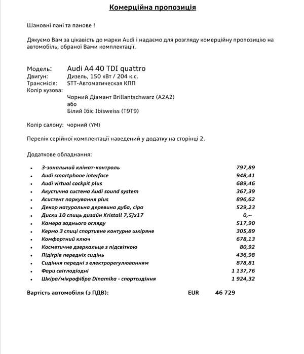 Седан Audi A4 2021 в Киеве