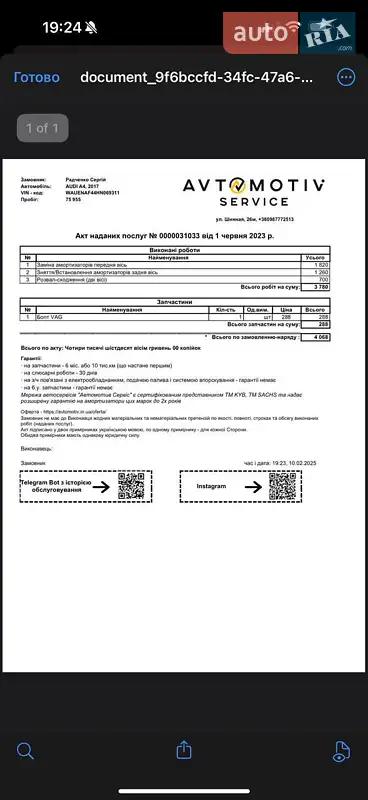 Седан Audi A4 2017 в Дніпрі документ