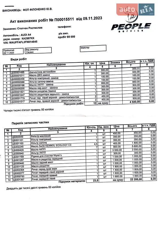 Седан Audi A4 2014 в Киеве документ