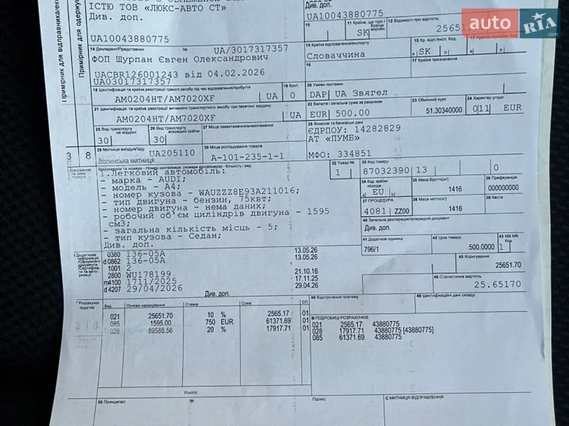 Седан Audi A4 2003 в Звягелі документ