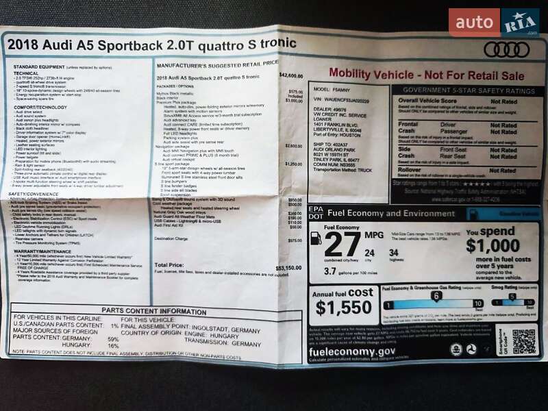 Лифтбек Audi A5 Sportback 2017 в Днепре
