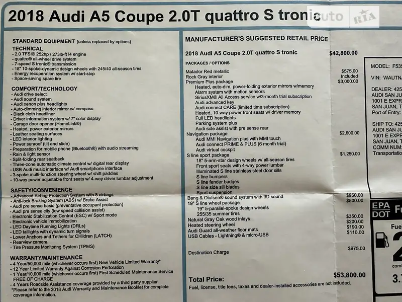 Купе Audi A5 2017 в Львове документ