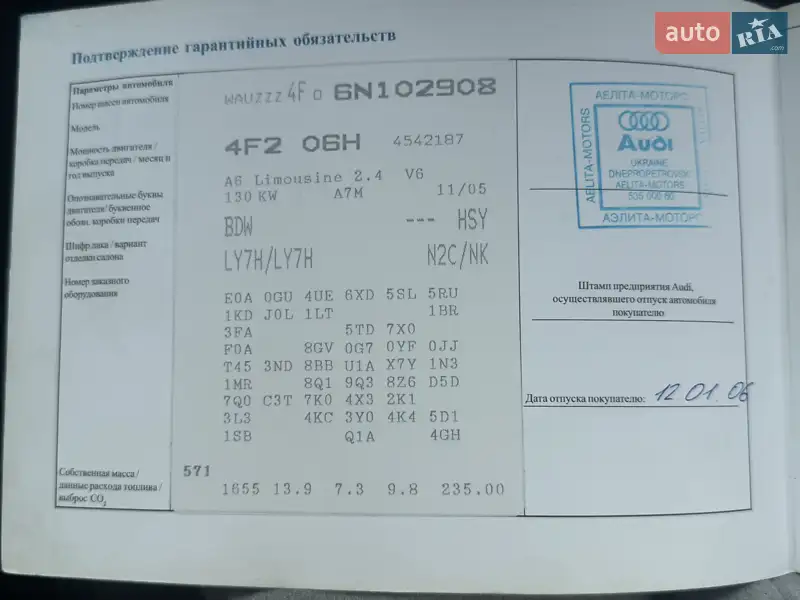 Седан Audi A6 2005 в Днепре документ