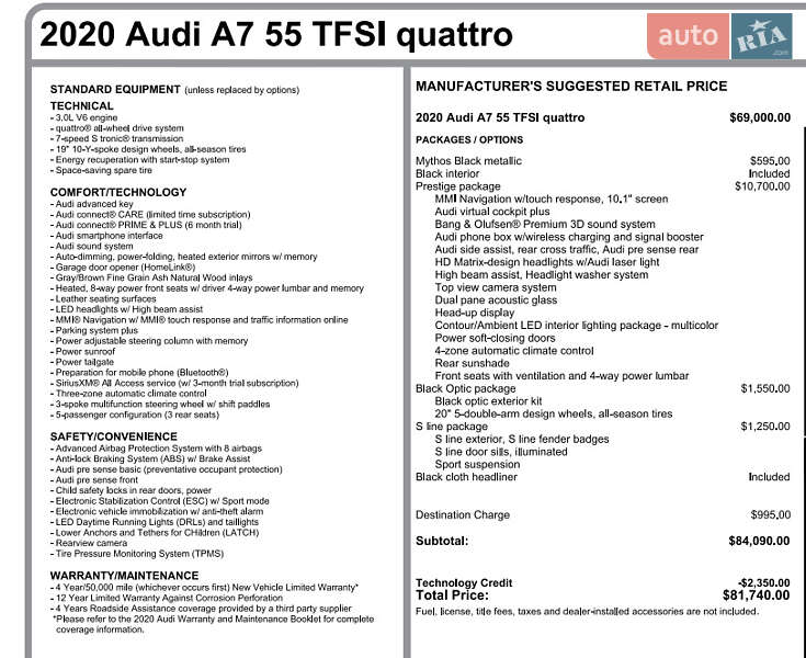 Лифтбек Audi A7 Sportback 2020 в Львове