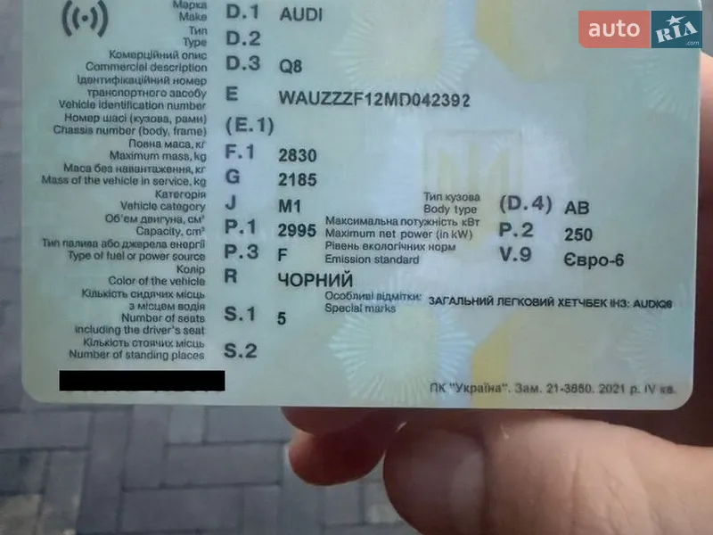 Внедорожник / Кроссовер Audi Q8 2021 в Киеве документ