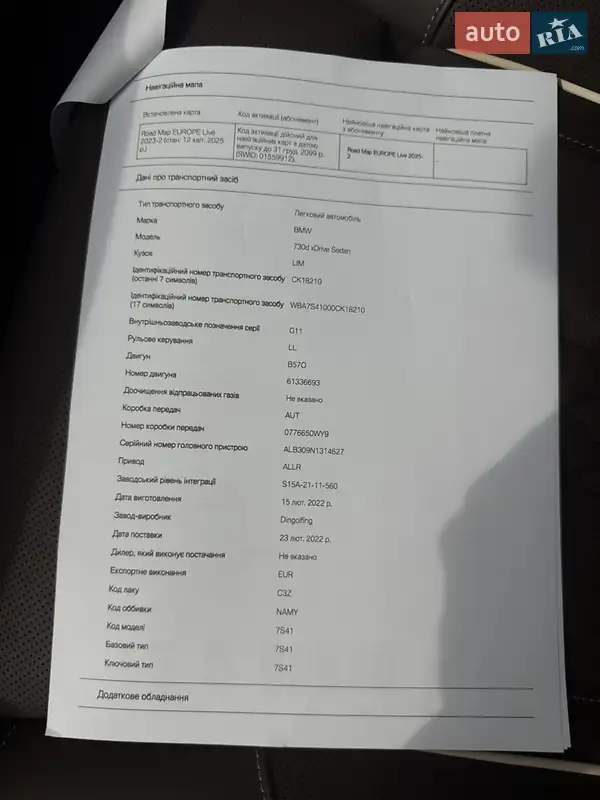 Седан BMW 7 Series 2022 в Киеве документ