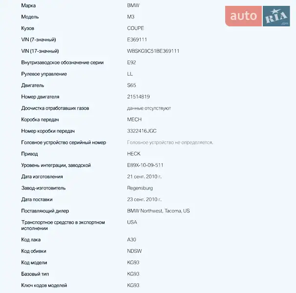 Купе BMW M3 2010 в Одесі документ