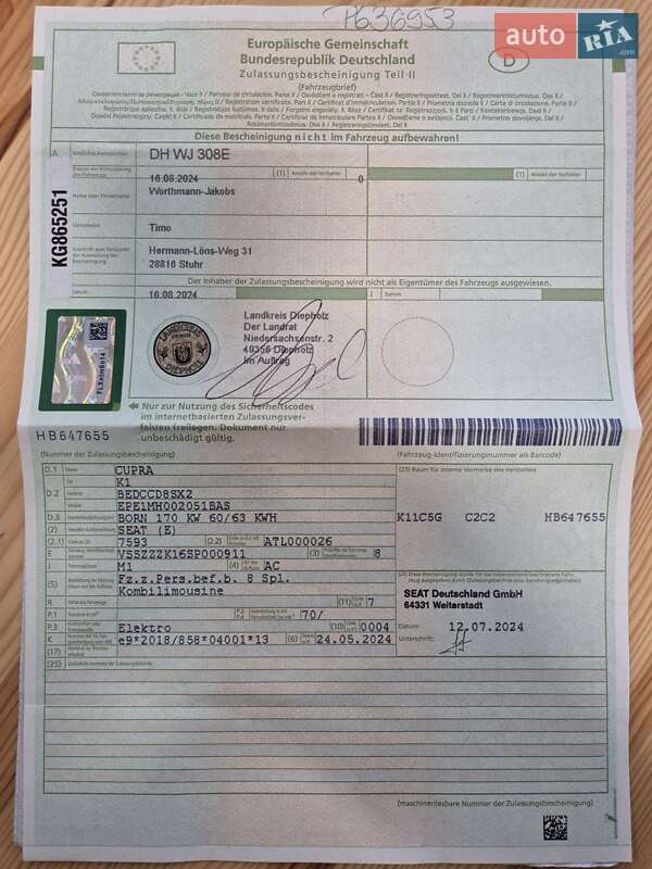 Хэтчбек Cupra Born 2024 в Мукачево