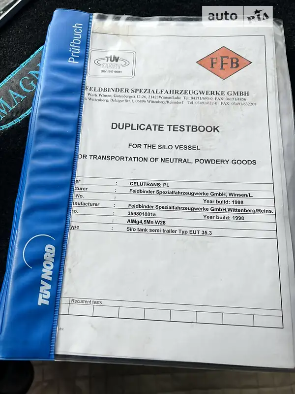 Цистерна полуприцеп Feldbinder EUT 2000 в Одессе документ