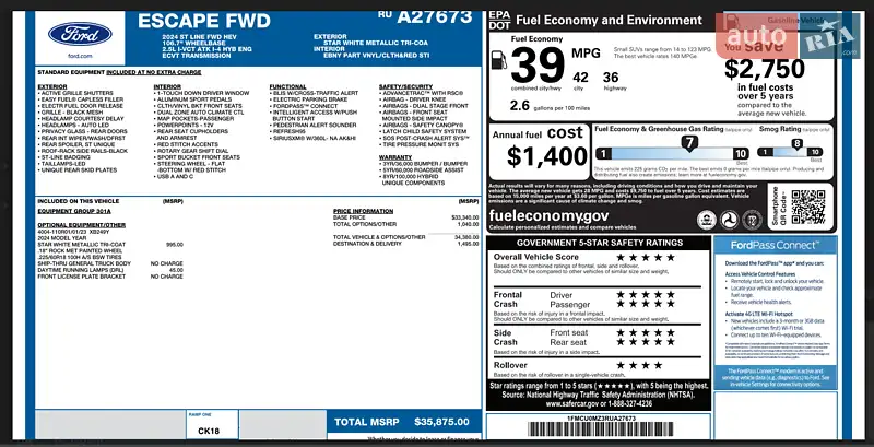 Позашляховик / Кросовер Ford Escape 2024 в Тернополі документ