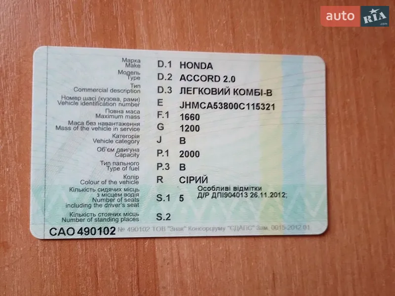 Хэтчбек Honda Accord 1987 в Андрушевке документ