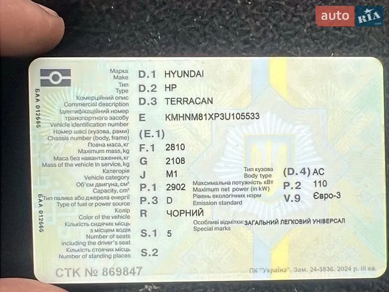 Внедорожник / Кроссовер Hyundai Terracan 2003 в Киеве документ