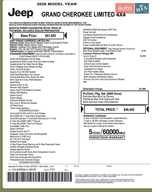 Позашляховик / Кросовер Jeep Grand Cherokee 2020 в Києві документ