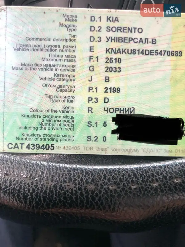 Внедорожник / Кроссовер Kia Sorento 2013 в Кривом Роге документ