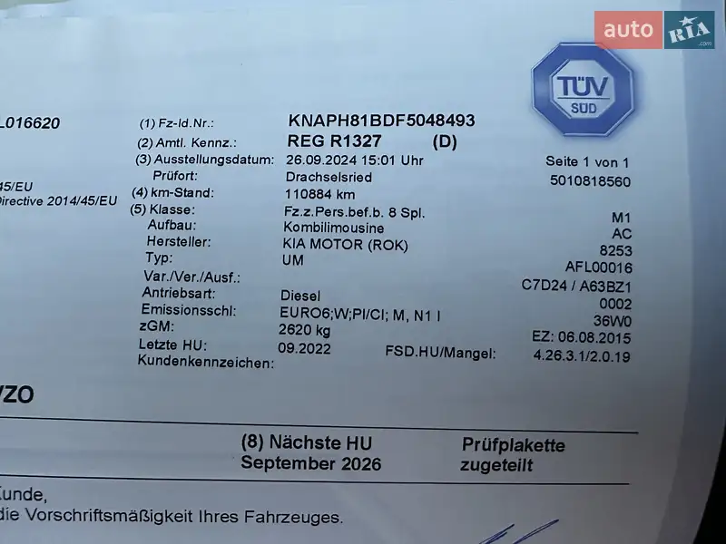 Внедорожник / Кроссовер Kia Sorento 2015 в Хмельницком документ