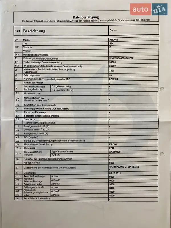 Тентованный борт (штора) - полуприцеп Krone Mega 2012 в Бучаче документ 10 фото Тентованный борт (штора) - полуприцеп Krone Mega 2012 в Бучаче документ