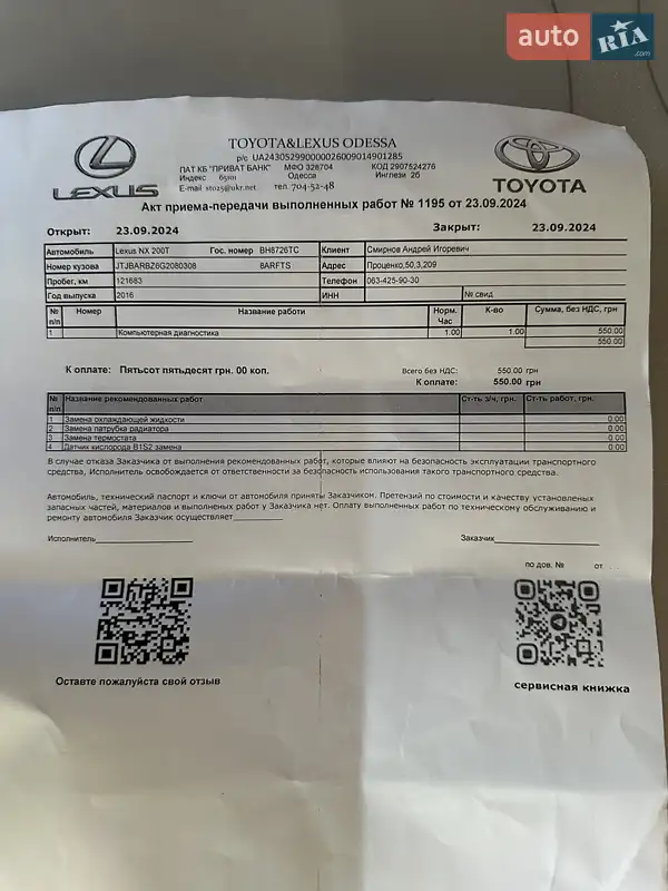 Внедорожник / Кроссовер Lexus NX 2016 в Одессе документ