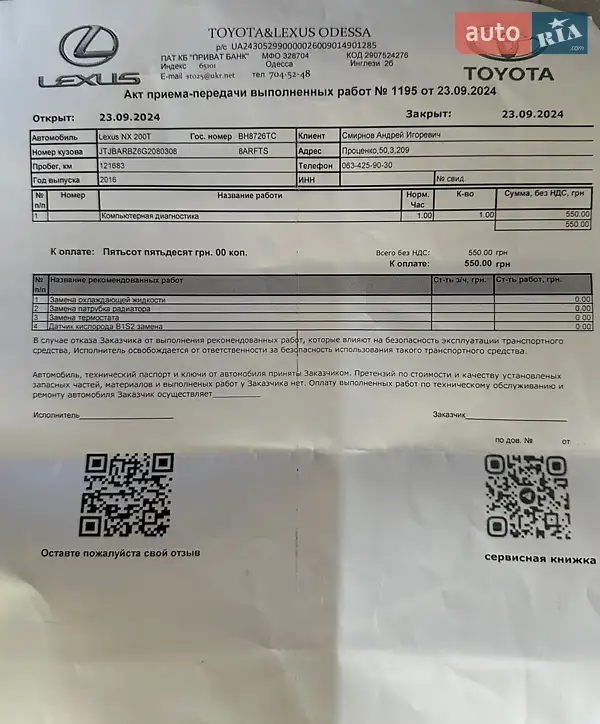 Внедорожник / Кроссовер Lexus NX 2016 в Одессе документ
