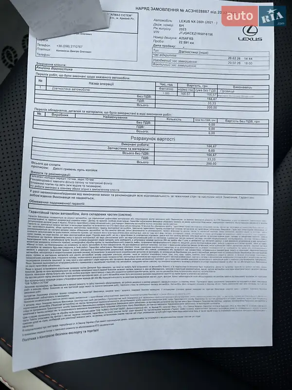 Внедорожник / Кроссовер Lexus NX 2024 в Кривом Роге документ