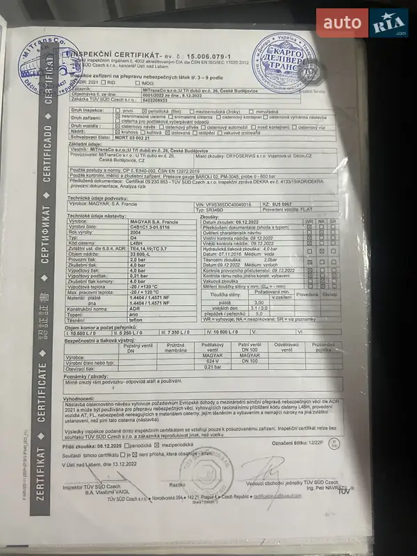 Цистерна полуприцеп Magyar S34SDC1NE 2004 в Днепре документ