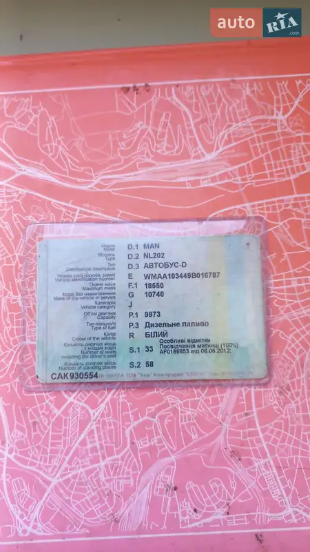 Міський автобус MAN NL 202 1998 в Стрию документ