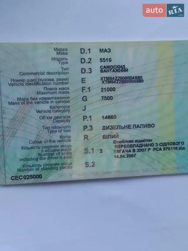 Самоскид МАЗ 5516 1991 в Чернівцях документ