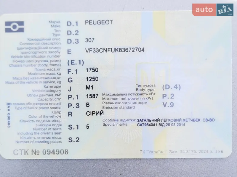 Хэтчбек Peugeot 307 2004 в Звенигородке документ