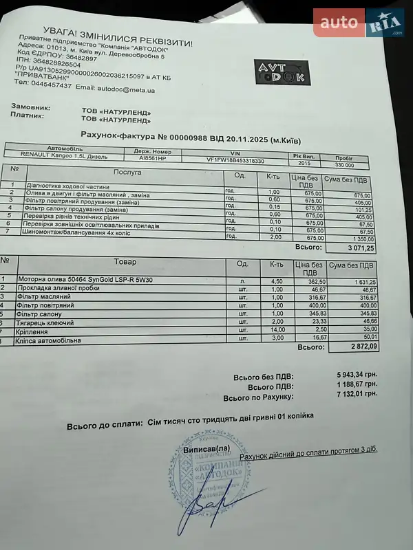 Грузовой фургон Renault Kangoo 2015 в Киеве документ