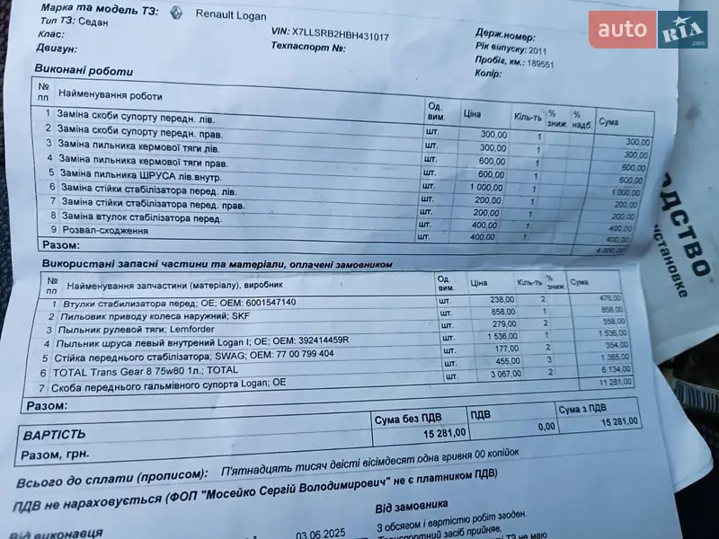 Седан Renault Logan 2011 в Запоріжжі документ