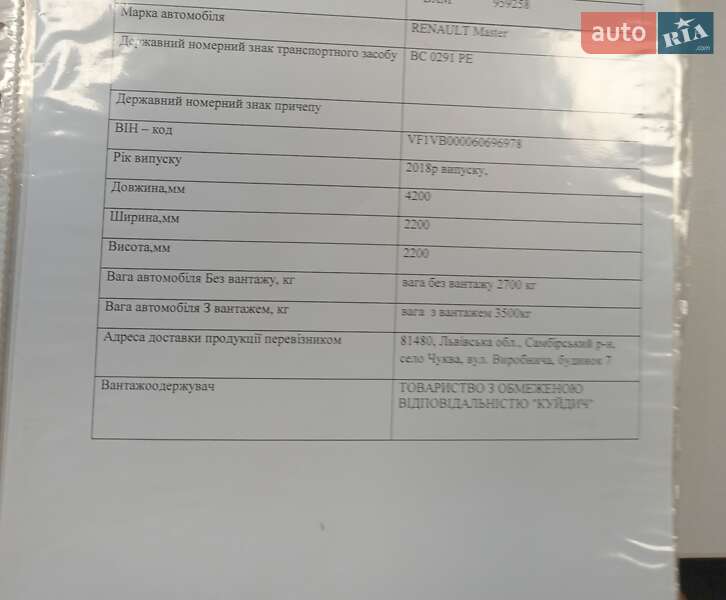 Вантажний фургон Renault Master 2018 в Самборі