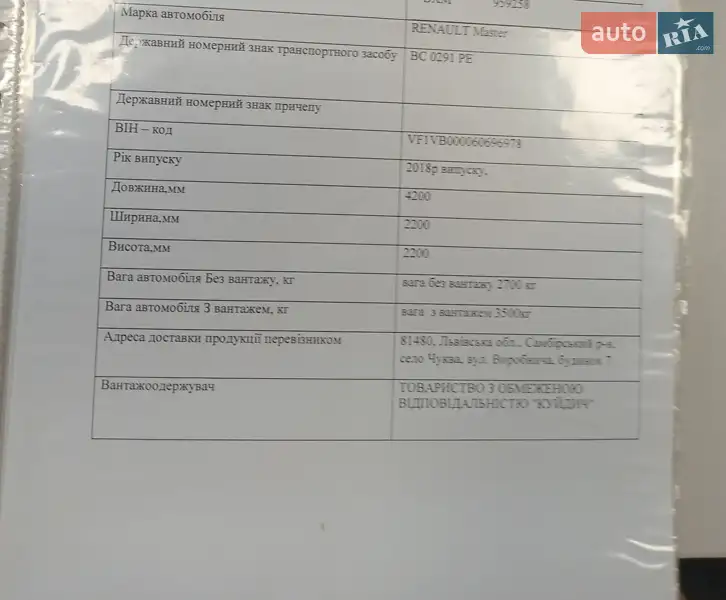 Вантажний фургон Renault Master 2018 в Самборі документ