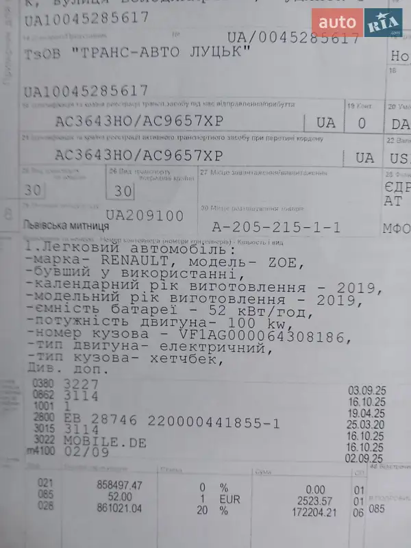 Хетчбек Renault Zoe 2019 в Луцьку документ 2 фото Хетчбек Renault Zoe 2019 в Луцьку документ