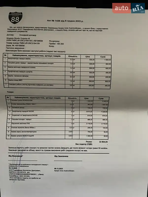 Лифтбек Skoda Octavia 2012 в Баре документ