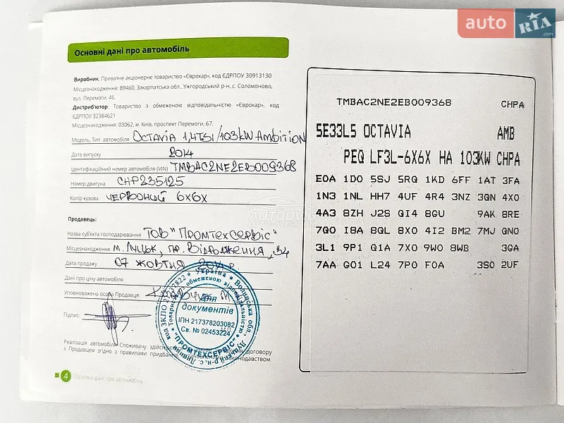 Лифтбек Skoda Octavia 2014 в Луцке документ