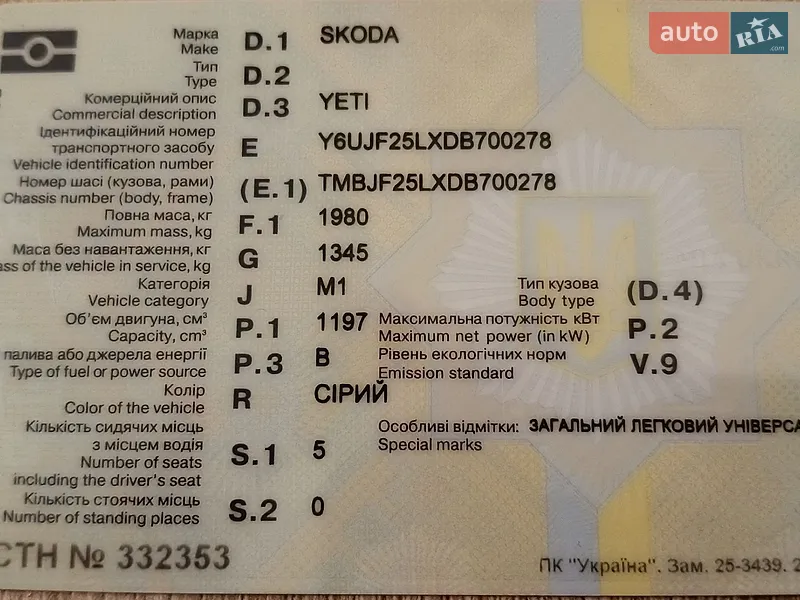 Позашляховик / Кросовер Skoda Yeti 2012 в Кривому Розі документ