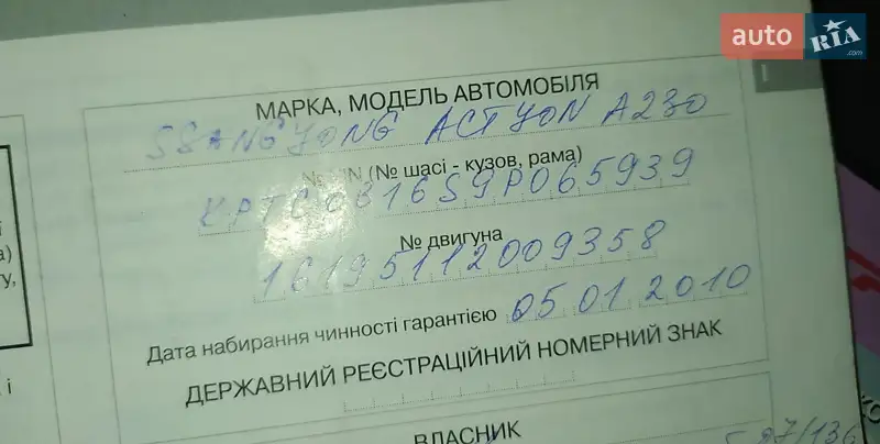 Внедорожник / Кроссовер SsangYong Actyon 2009 в Кривом Роге документ