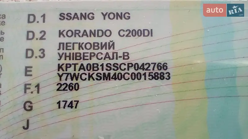 Внедорожник / Кроссовер SsangYong Korando 2012 в Святопетровское документ