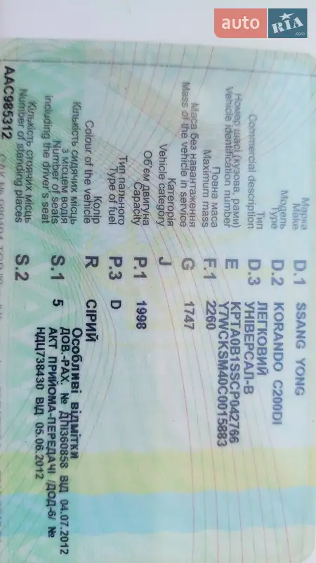 Внедорожник / Кроссовер SsangYong Korando 2012 в Святопетровское документ