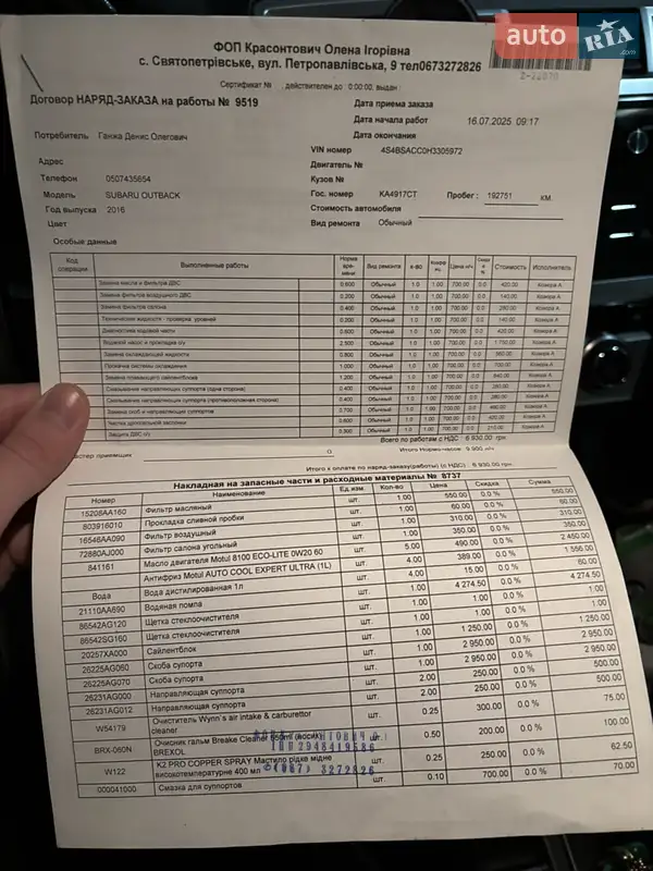 Универсал Subaru Outback 2016 в Киеве документ